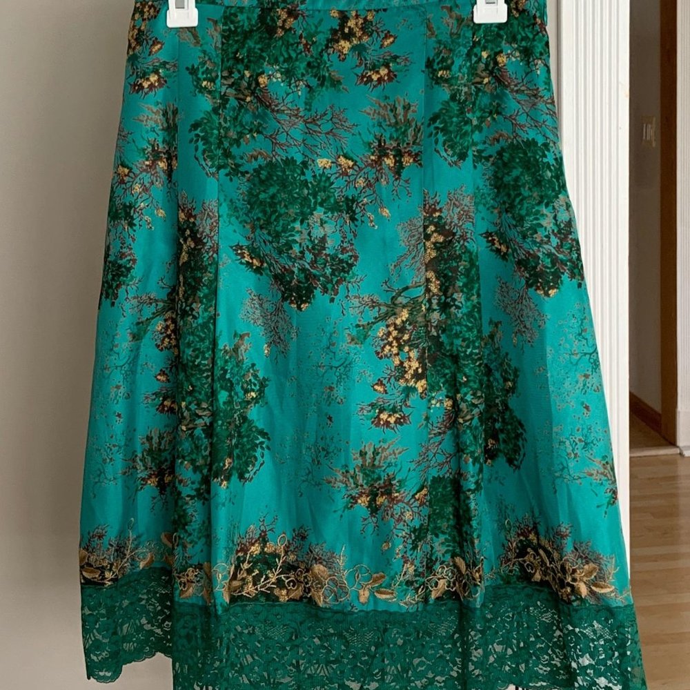 Teal Floral Print Skirt with Lace Hem